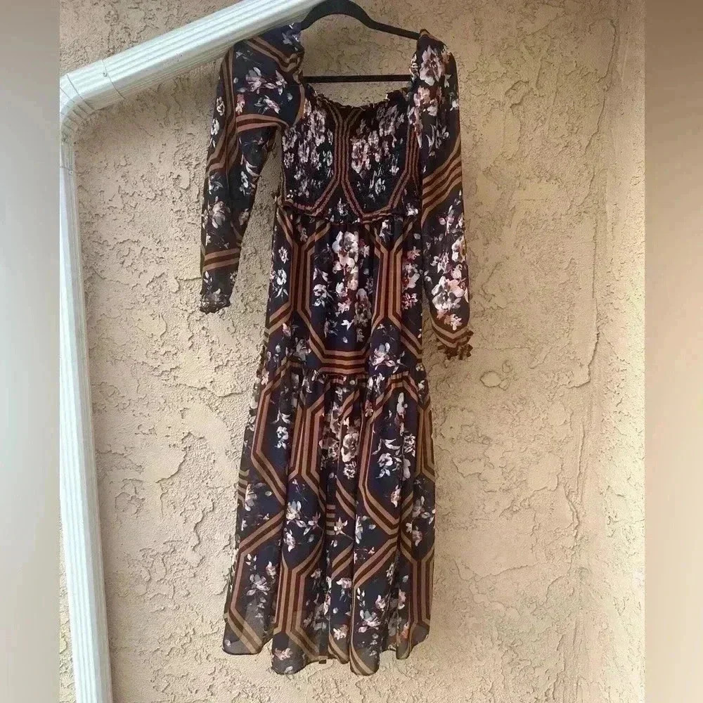 EVIE NAVY FLORAL PRINT TIERED MAXI DRESS SMALL